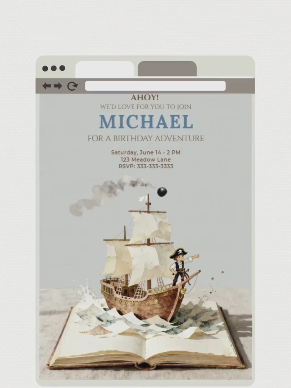 Printable Pirate Birthday Party Invitation - Custom Storybook Ship, Digital Evite for Kids (Editable Instant Download Canva Template Invite)