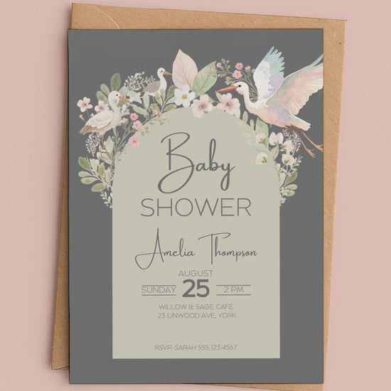Baby Shower Invitation Gender Neutral Design Template Canva Editing Digital Download Birth Announcement Party Floral Watercolor Art