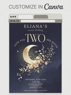 Printable Love You Two The Moon Birthday Invitation - 2nd Bday Invite - Moon and Stars Party Evite (Editable Canva Template 5x7)
