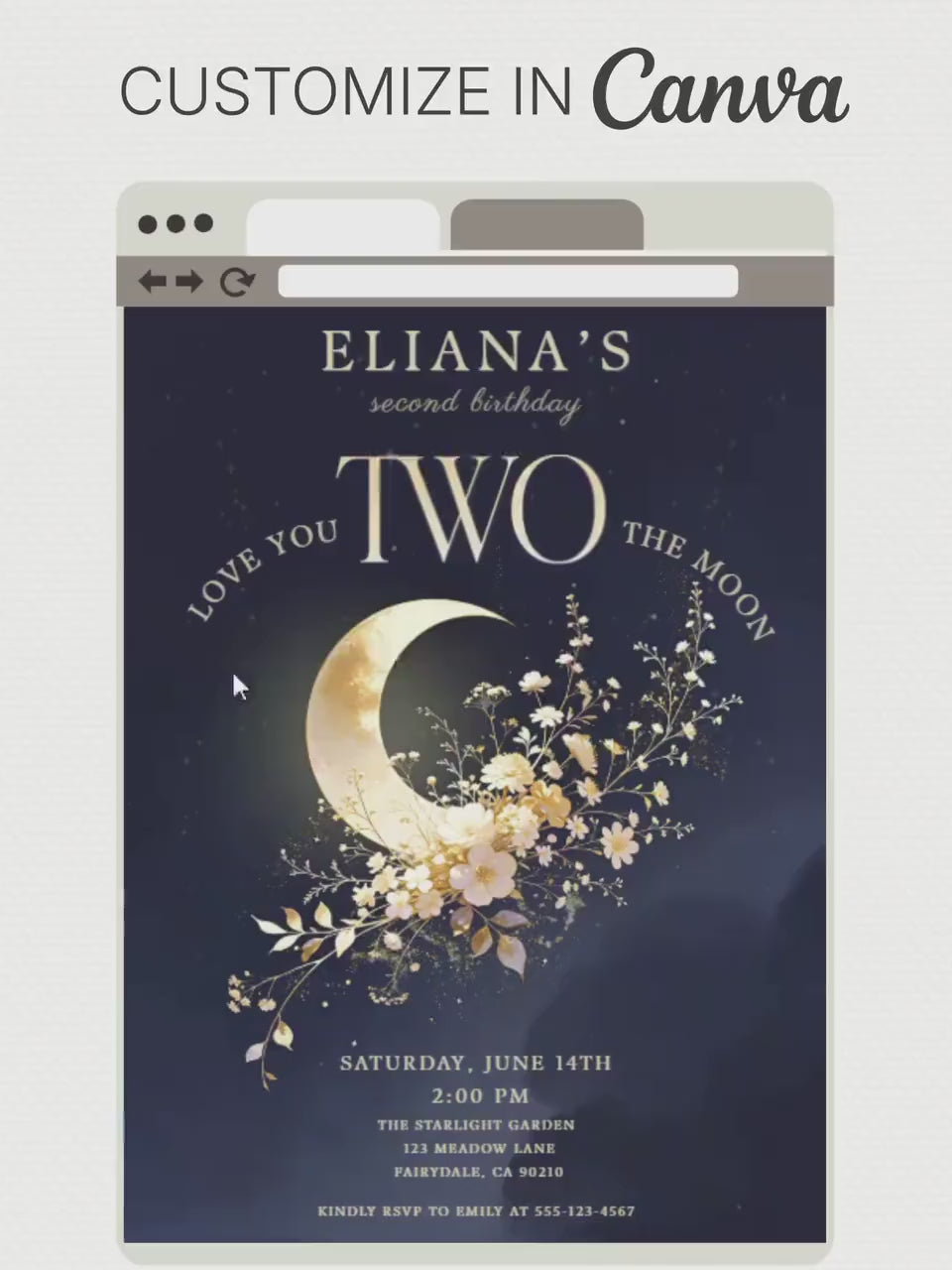 Printable Love You Two The Moon Birthday Invitation - 2nd Bday Invite - Moon and Stars Party Evite (Editable Canva Template 5x7)