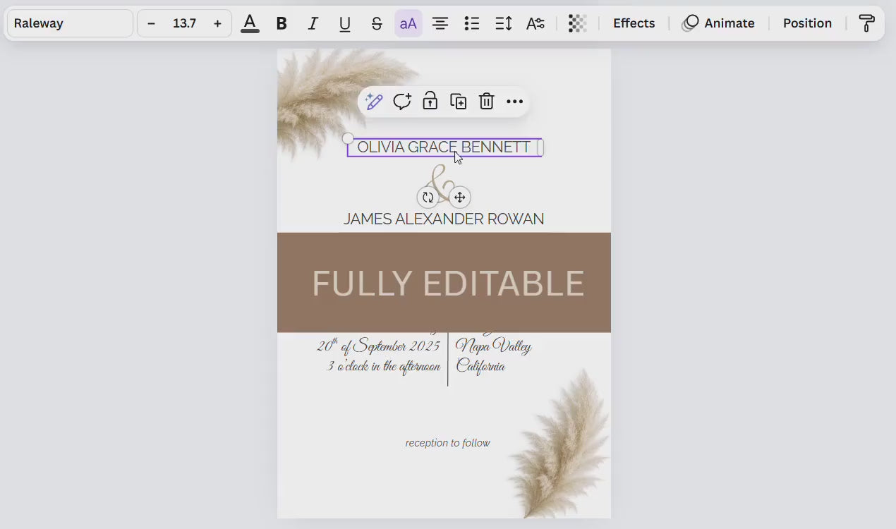 Order of Service Wedding Template - Pampas Grass Ceremony Program - Editable Canva Wedding Program - Boho Minimalist Design