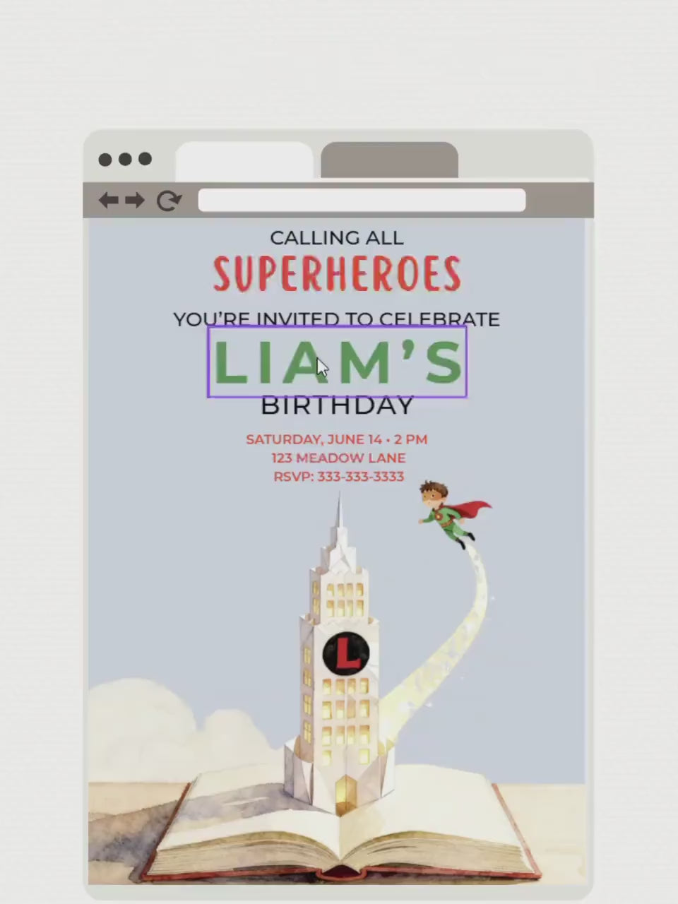 Superhero Birthday Invitation- Editable Magical Storybook Tower Digital Evite (Instant Download Custom Canva Template)