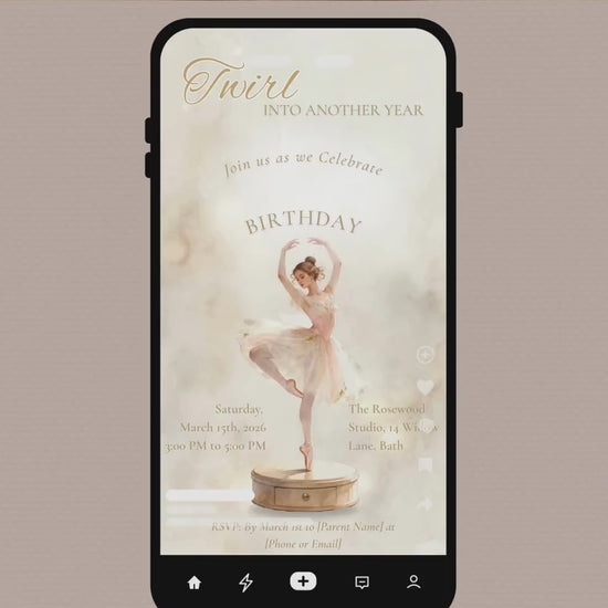 Animated Ballerina Birthday Invitation-Dance Kids Party Invite (Custom Instant Download Canva Template) Elegant Music Box Video Evite