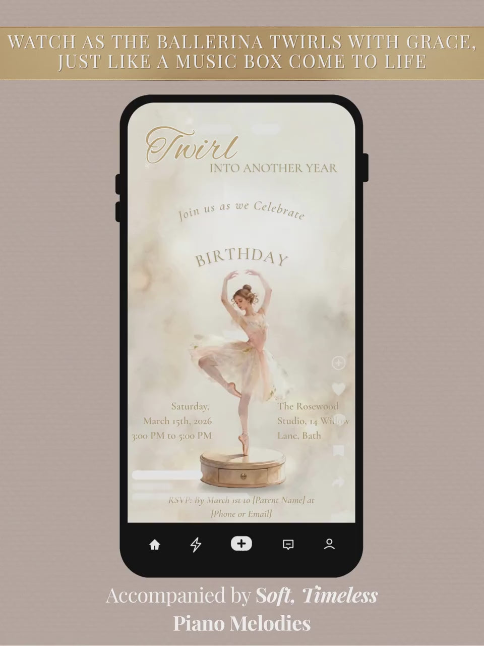 Animated Ballerina Birthday Invitation-Dance Kids Party Invite (Custom Instant Download Canva Template) Elegant Music Box Video Evite