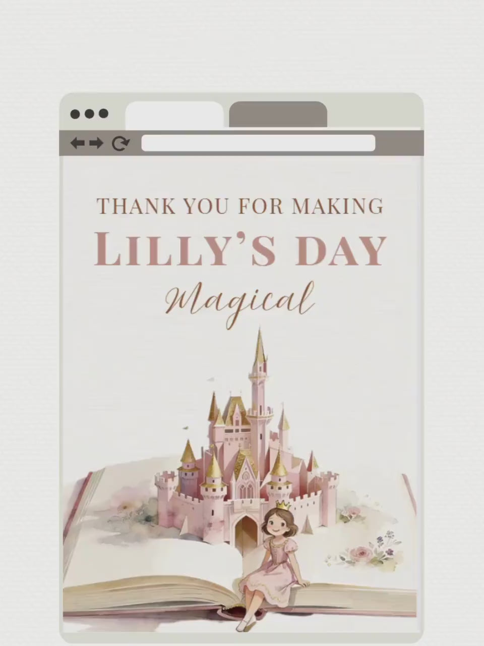 Brunette Princess Birthday Thank You Party Card (Instant Download Editable Canva Template) Printable Mobile Magical Castle Storybook
