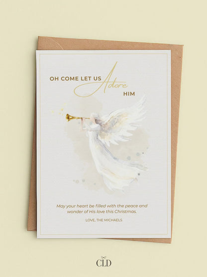 Editable Angel Christmas Card Template, Oh Come Let Us Adore Him Christian, Modern Watercolor Faith Holiday Instant Download Canva Template