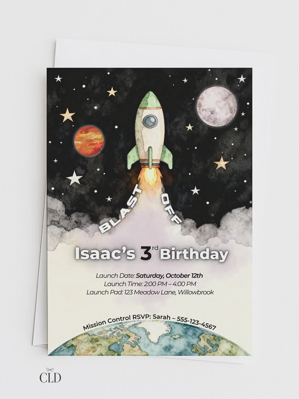 3rd Birthday Space Invitation - Digital Rocket Ship Kids Party Invite (Customizable Instant Download Canva Template) Watercolor Evite