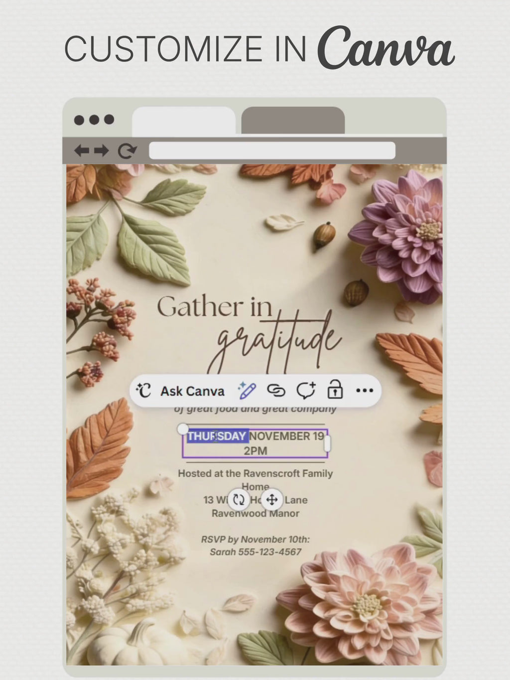 Thanksgiving Invitation Printable, Gather in Gratitude (Editable Canva Template) Fall/Autumn Friendsgiving Invite 5x7 Digital Download