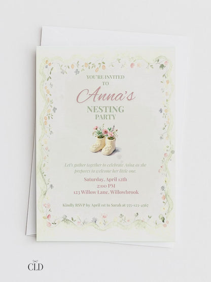 Nesting Party Invitation-Baby Shower Invite (Instant Download Editable Canva Template) Custom Printable Digital Newborn Arrival Evite