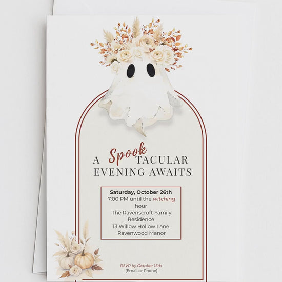 Halloween Party Invitation Template: Elegant Boho Ghost & Pumpkin (Instant Downloadable Canva Template 5x7" )