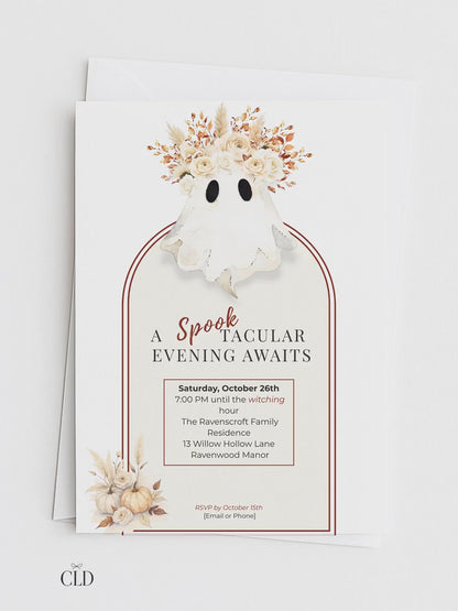 Halloween Party Invitation Template: Elegant Boho Ghost & Pumpkin (Instant Downloadable Canva Template 5x7" )