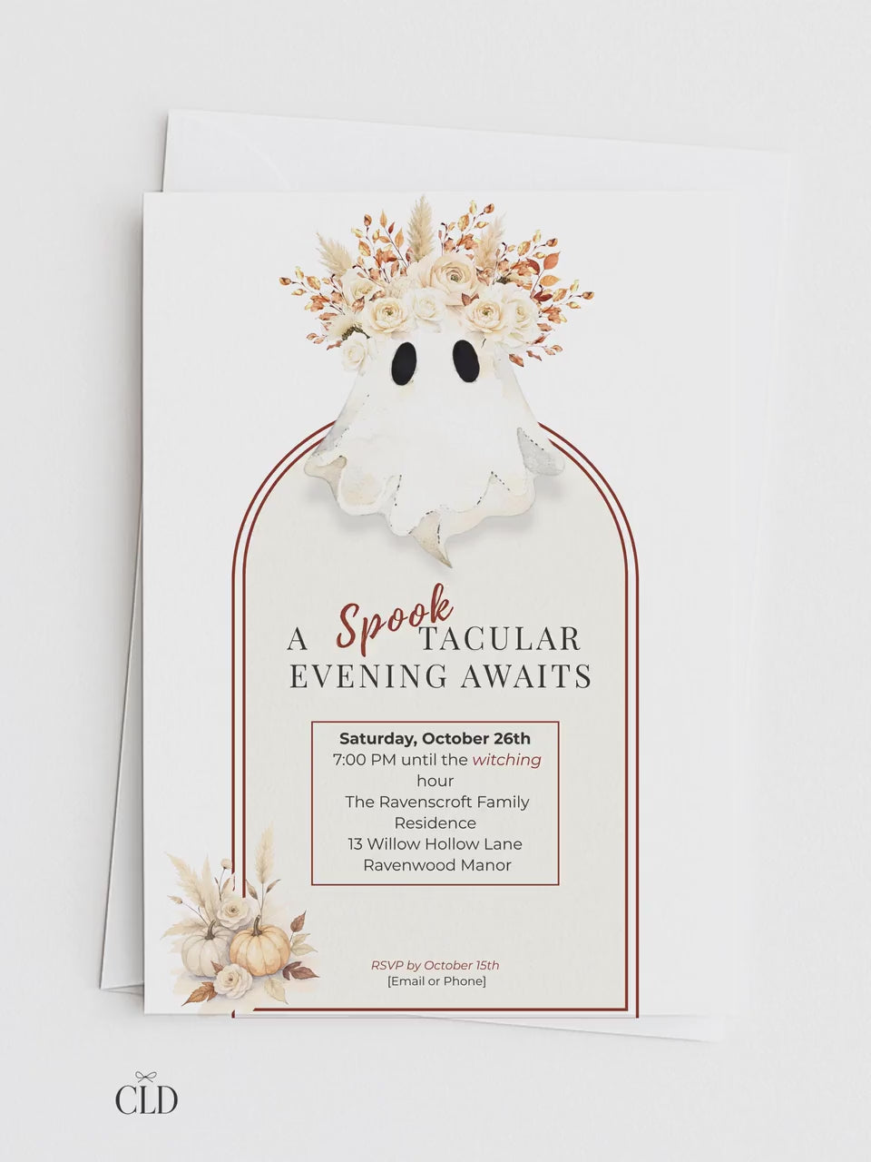 Halloween Party Invitation Template: Elegant Boho Ghost & Pumpkin (Instant Downloadable Canva Template 5x7" )