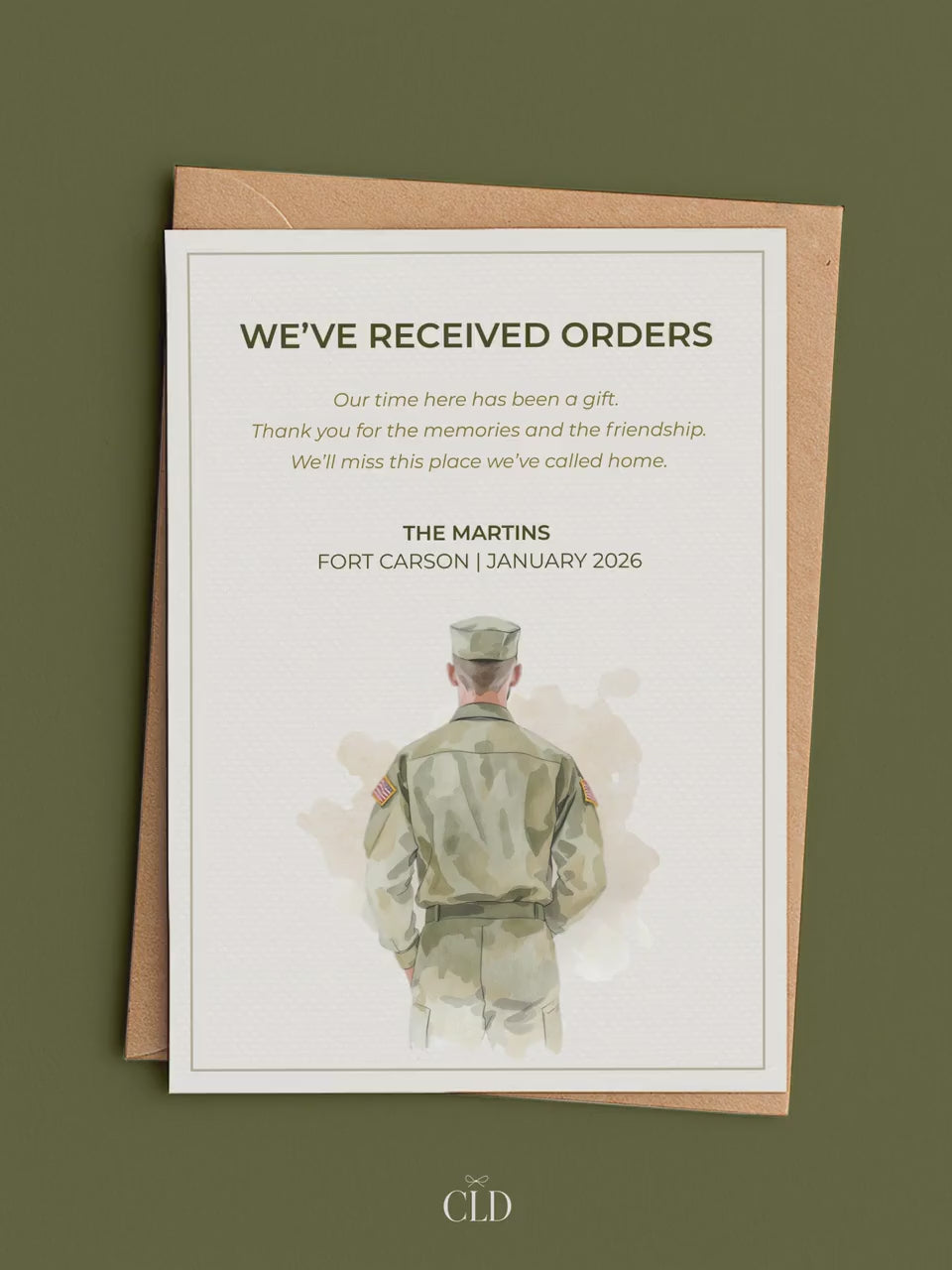 Military PCS Card - Moving Announcement - Custom Male Military Family Army Goodbye (Instant Download Editable Canva Template) New Orders