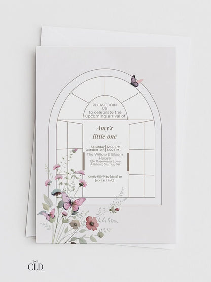 Elegant Butterfly Baby Shower Invitation Template ·Editable Arch Window Design with Florals· Neutral Minimal Baby Girl or Boy Shower Invite