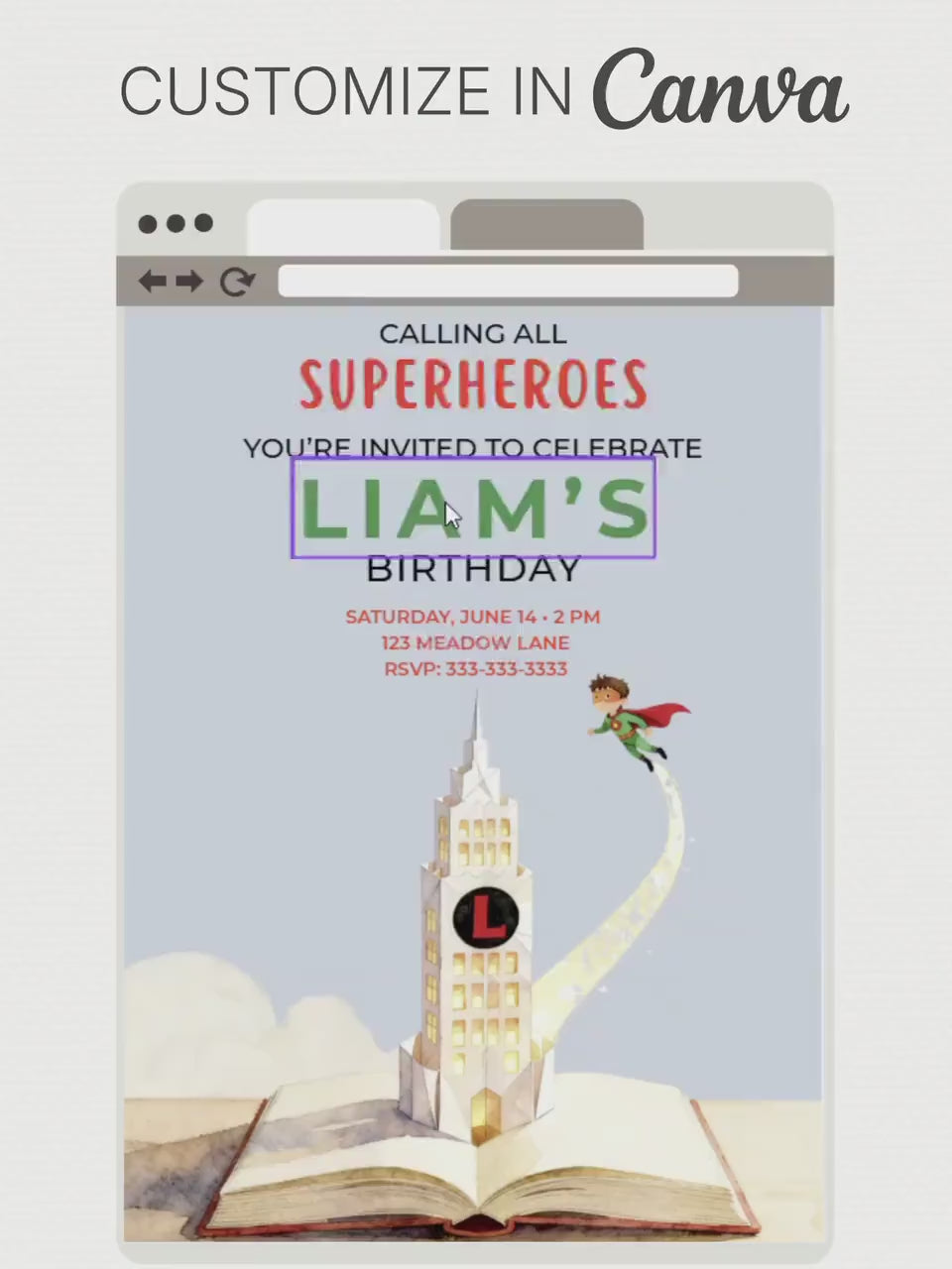 Superhero Birthday Invitation- Editable Magical Storybook Tower Digital Evite (Instant Download Custom Canva Template)