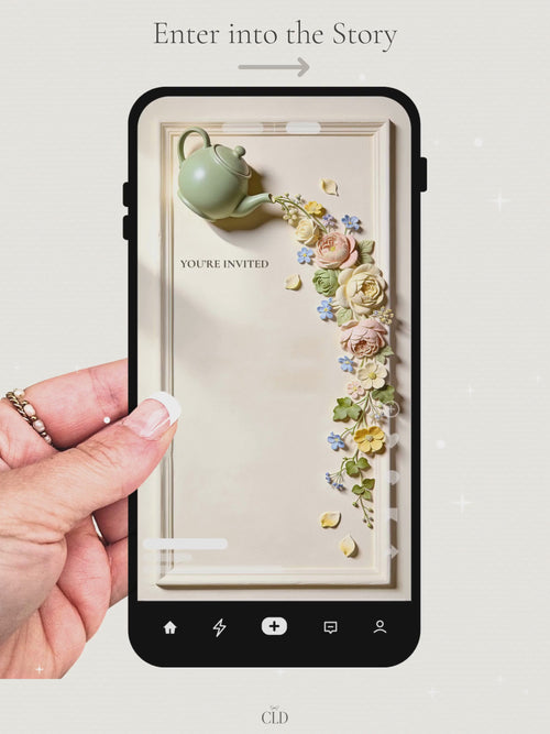 Animated Tea Party Invitation - Bridal Shower Invite - Floral Bas-Relief Digital Video for Baby Shower, Mothers Day, Brunch (Editable Canva)