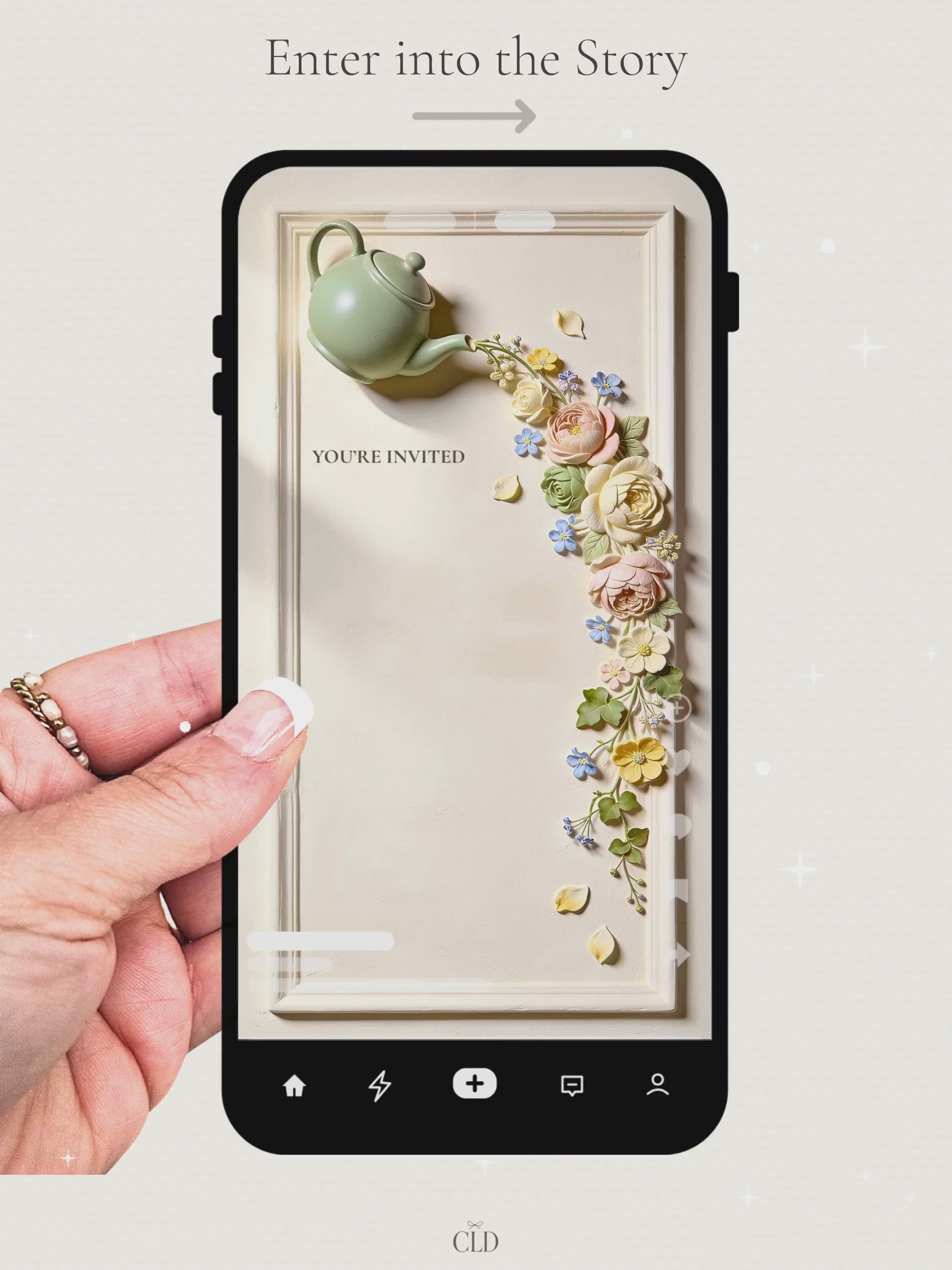 Animated Tea Party Invitation - Bridal Shower Invite - Floral Bas-Relief Digital Video for Baby Shower, Mothers Day, Brunch (Editable Canva)