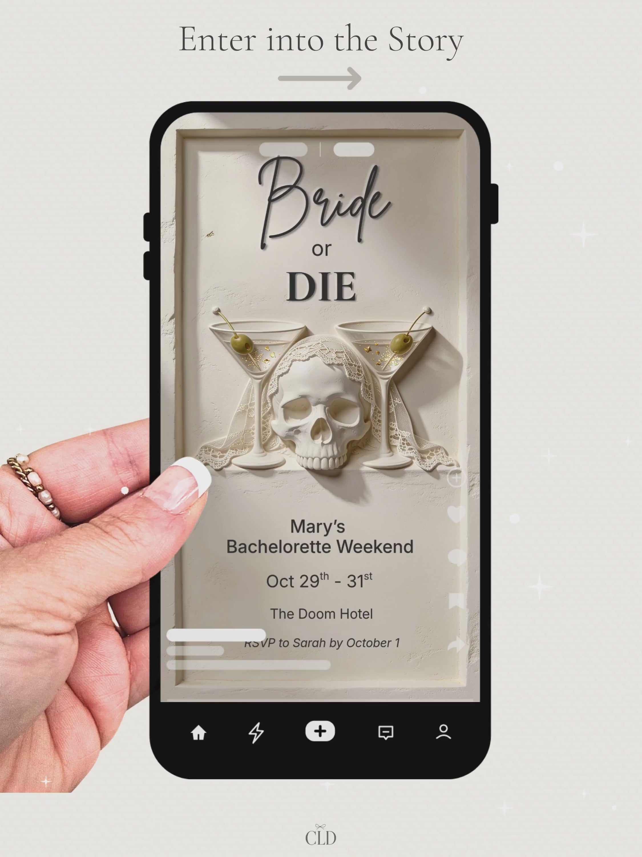 Halloween Bachelorette Animated Evite - Bride or Die Video Invitation  (Editable Canva Template) Skull Martini Hen Weekend
