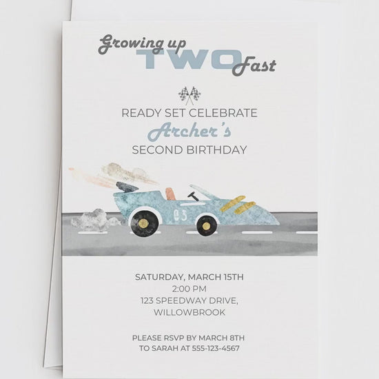 Racing Car 2nd Birthday Invite Printable (Instant Download Editable Canva Template) Custom Digital Video Invitation for Boy’s Party