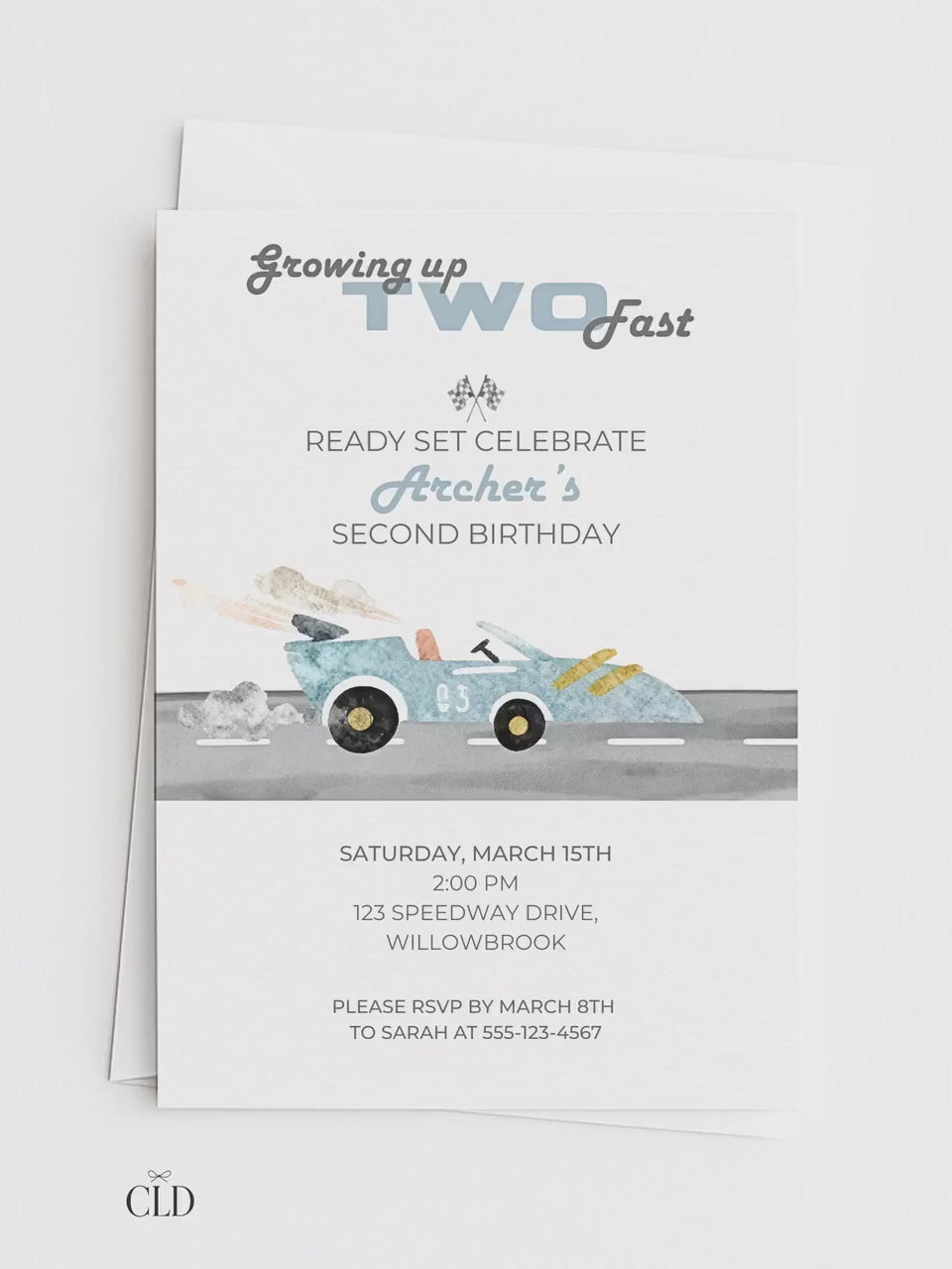 Racing Car 2nd Birthday Invite Printable (Instant Download Editable Canva Template) Custom Digital Video Invitation for Boy’s Party