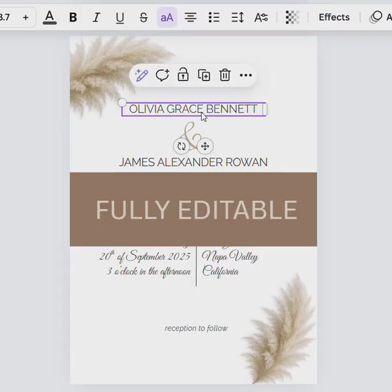 Wedding Place Card Template Editable - Pampas Grass Boho Name Cards - Printable Canva Seating Cards - Minimalist Table Decor