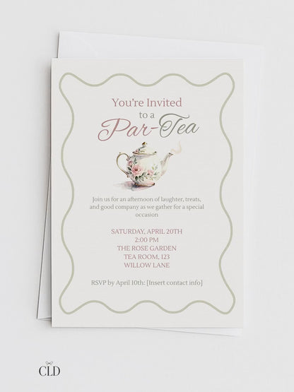 Editable Tea Party Invitation - Afternoon Tea, Birthday, Garden, Bridal Events Evite (Instant Download Printable Digital Canva Template)