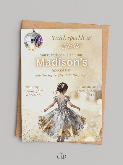 Girl's Dance Birthday Invitation-Twirl and Sparkle Party Invite/Disco Theme(Printable Instant Download Canva Template Evite)