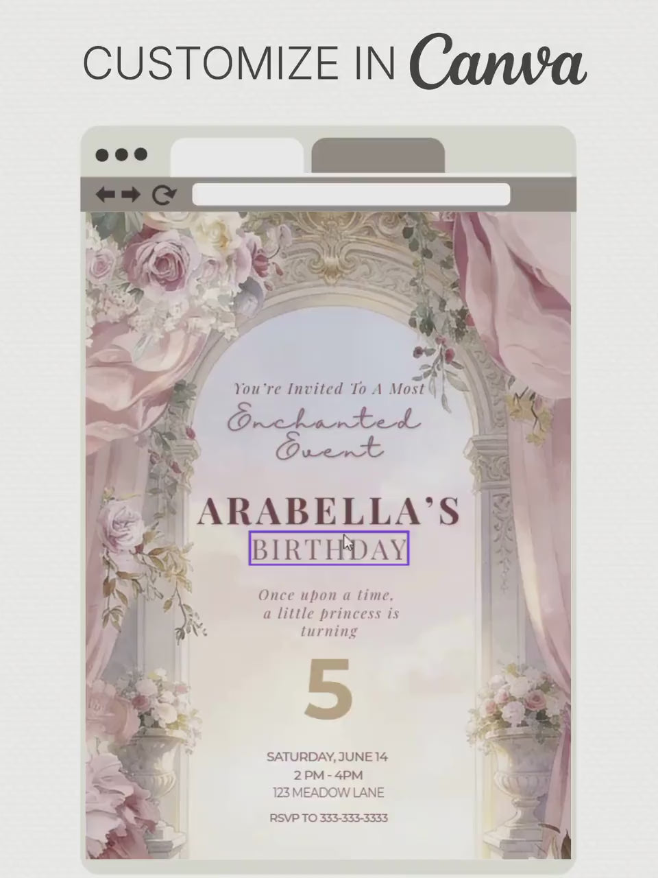 Printable Princess Birthday Invitation, Enchanted Fairytale 5x7 Card Evite (Editable Canva Template, Girl Party Digital Invite)
