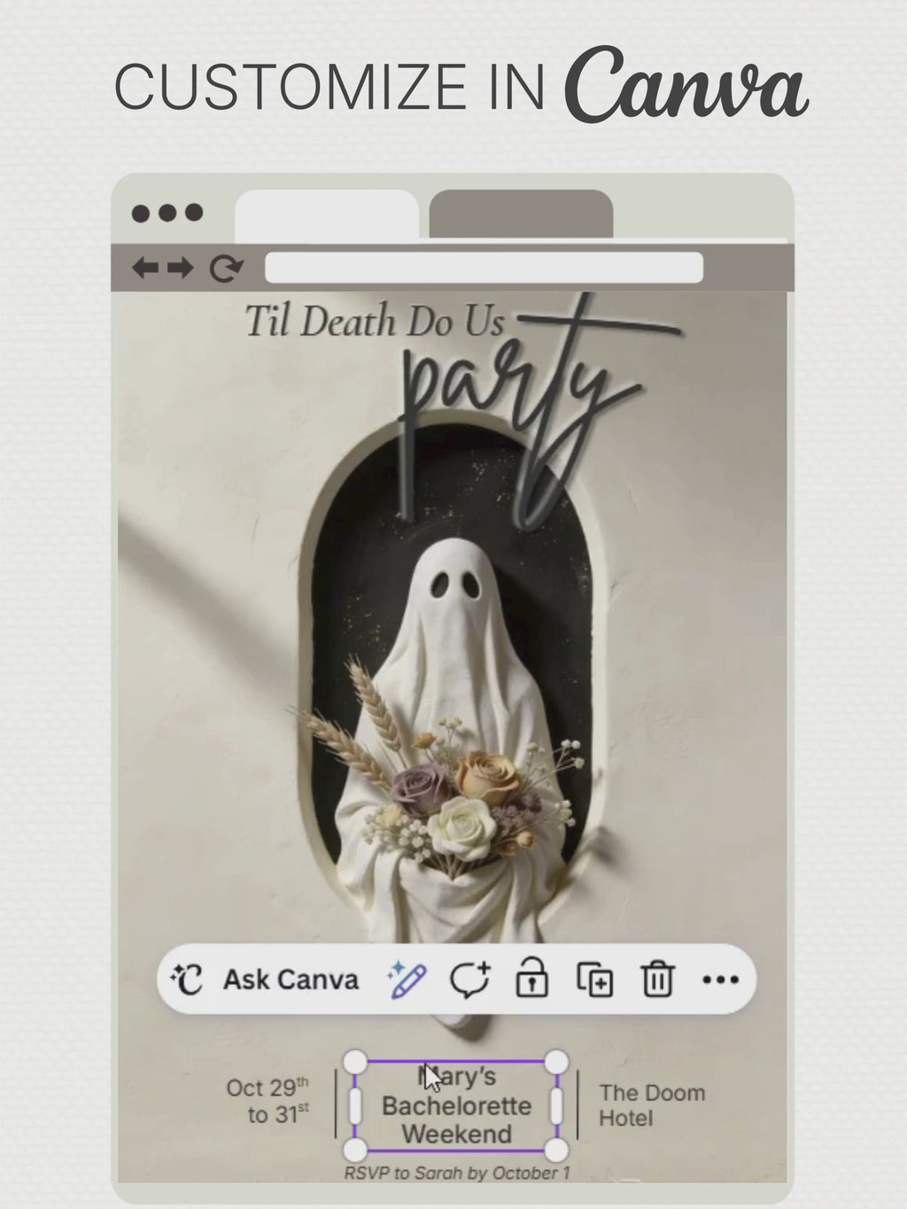 Halloween Bachelorette Invitation Printable - Til Death Do Us Party (Editable Canva Template) Spooky Hen Weekend Invite, 5x7