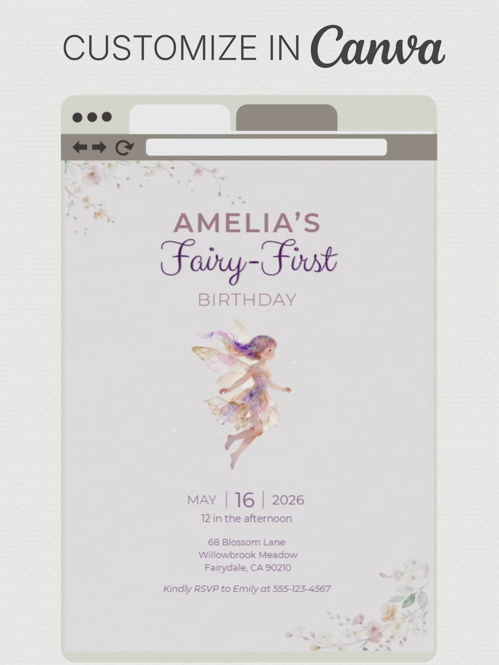Printable Fairy First Birthday Invitation, Girl 1st Magical Watercolor Party Evite, Editable Canva Template Digital 5x7 Invite
