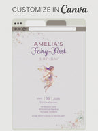 Printable Fairy First Birthday Invitation, Girl 1st Magical Watercolor Party Evite, Editable Canva Template Digital 5x7 Invite