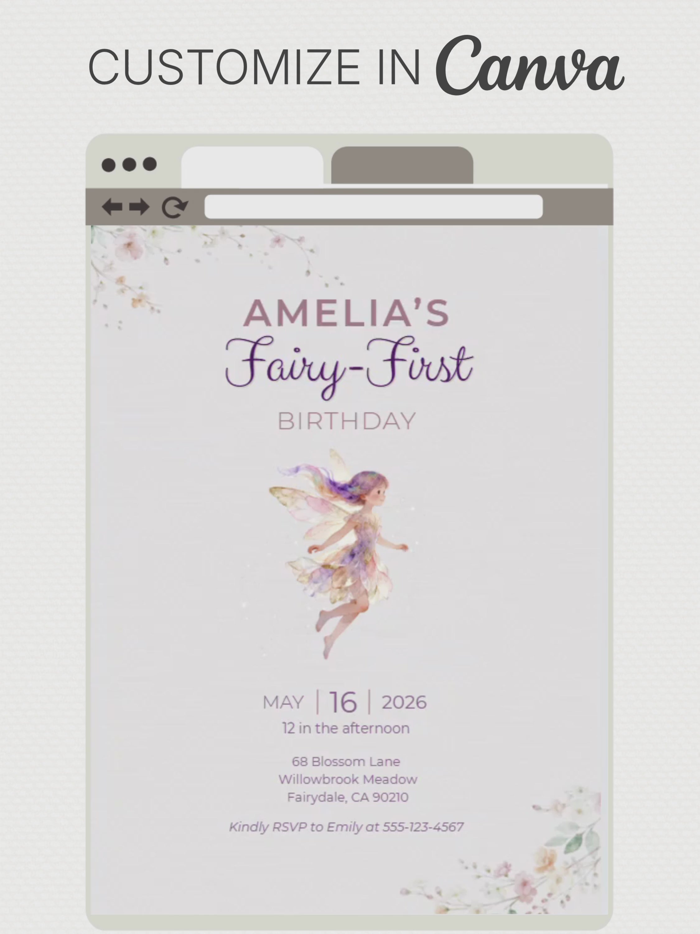 Printable Fairy First Birthday Invitation, Girl 1st Magical Watercolor Party Evite, Editable Canva Template Digital 5x7 Invite