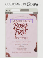 Printable Berry First Birthday Invitation, Strawberry 1st Bday Party Evite, Editable 5x7 Canva Template, Sweet Girl Invite