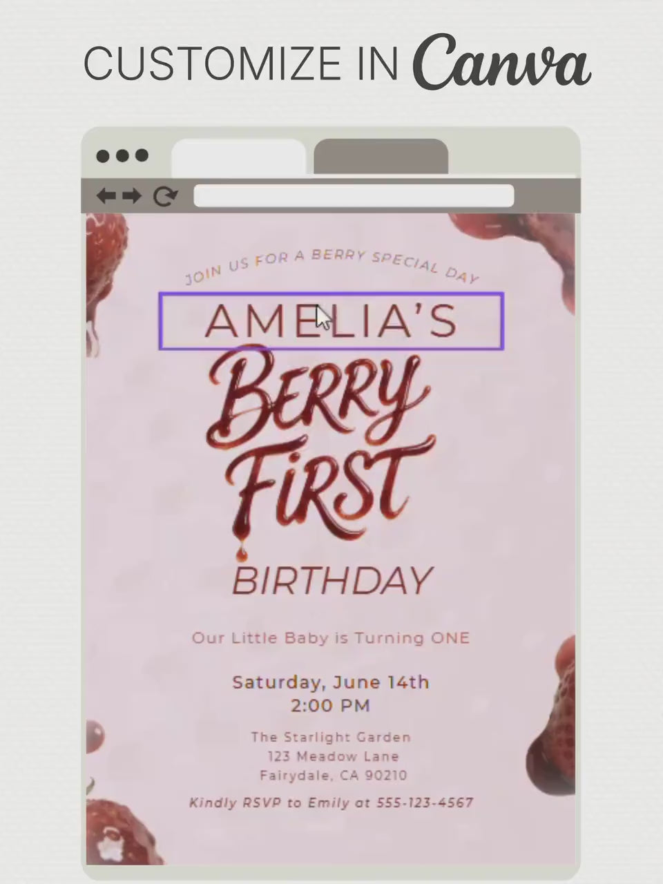 Printable Berry First Birthday Invitation, Strawberry 1st Bday Party Evite, Editable 5x7 Canva Template, Sweet Girl Invite