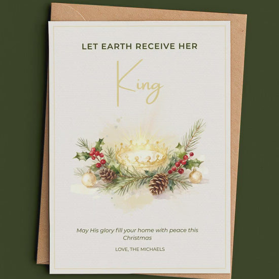 Editable Christian Holiday Christmas Card-Let Earth Receive Her King Golden Crown (Religious Printable Canva Template Digital Download)