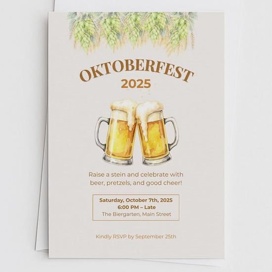 Printable Oktoberfest Invitation - Beer Party Invite with Watercolor Mugs & Hops (Customizable digital Editable Canva Template)