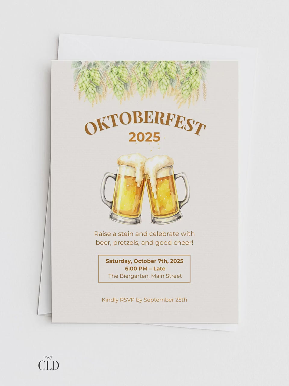 Printable Oktoberfest Invitation - Beer Party Invite with Watercolor Mugs & Hops (Customizable digital Editable Canva Template)