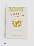 Printable Oktoberfest Invitation - Beer Party Invite with Watercolor Mugs & Hops (Customizable digital Editable Canva Template)