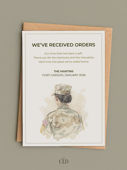 Military PCS Card - Moving Announcement - Custom Military Family Army Goodbye (Instant Download Editable Canva Template) New Orders Farewell