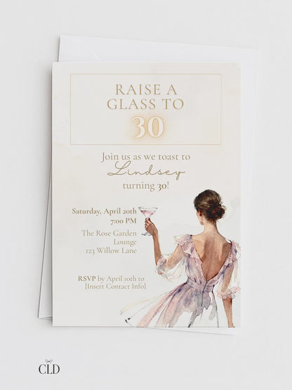 30th Birthday Invitation Template, Editable Digital Invite, Elegant Champagne Toast Party Printable (Instant Download Custom Canva Template)
