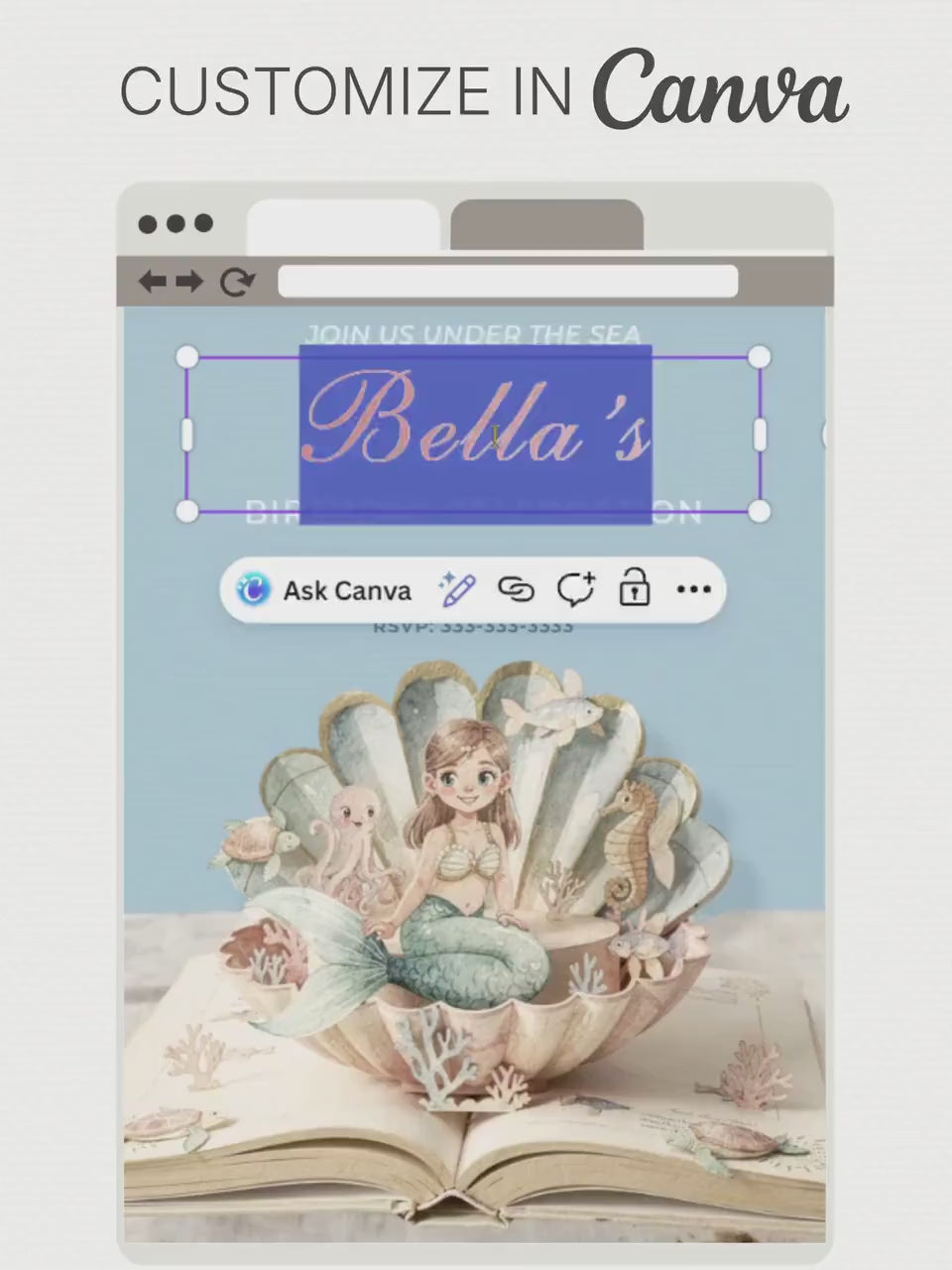 Printable Mermaid Birthday Invite - Digital Custom Storybook Under the Sea Party Invitation (Editable Instant Download Canva Template Evite)