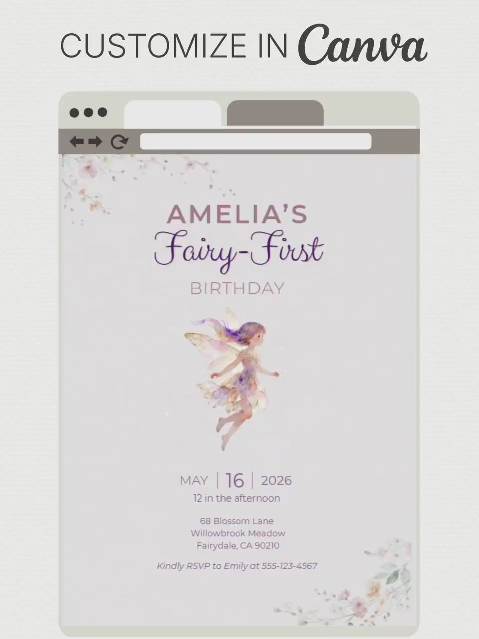 Printable Fairy First Birthday Invitation, Girl 1st Magical Watercolor Party Evite, Editable Canva Template Digital 5x7 Invite