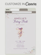 Printable Fairy First Birthday Invitation, Girl 1st Magical Watercolor Party Evite, Editable Canva Template Digital 5x7 Invite