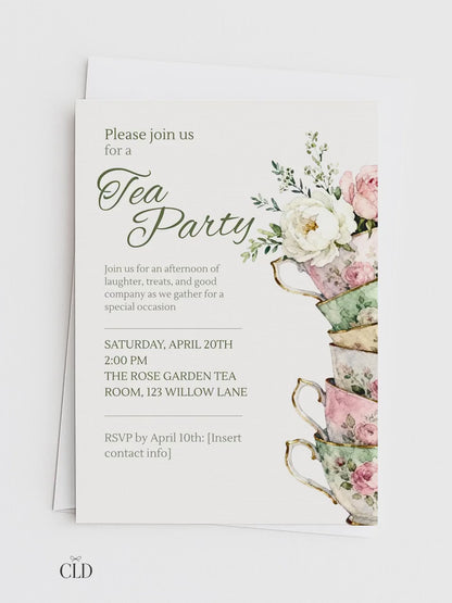 Tea Party Invitation Template, Editable Canva Invite, Floral Teacup Printable, Garden Party, Bridal Evite, Baby Shower, Instant Download