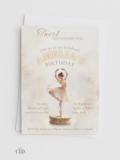 Ballerina Birthday Invitation-Dance Kids Party Invite (Custom Instant Download Canva Template) Elegant Music Box Ballet Girl Evite