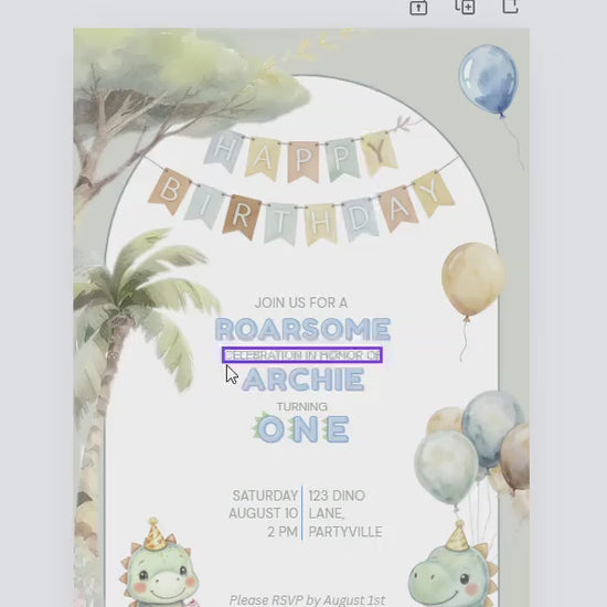 1st Birthday Invitation Customizable Dinosaur Editable Template Cute Watercolor Dino Party Invite for Boys or Girls Themed Birthday Canva