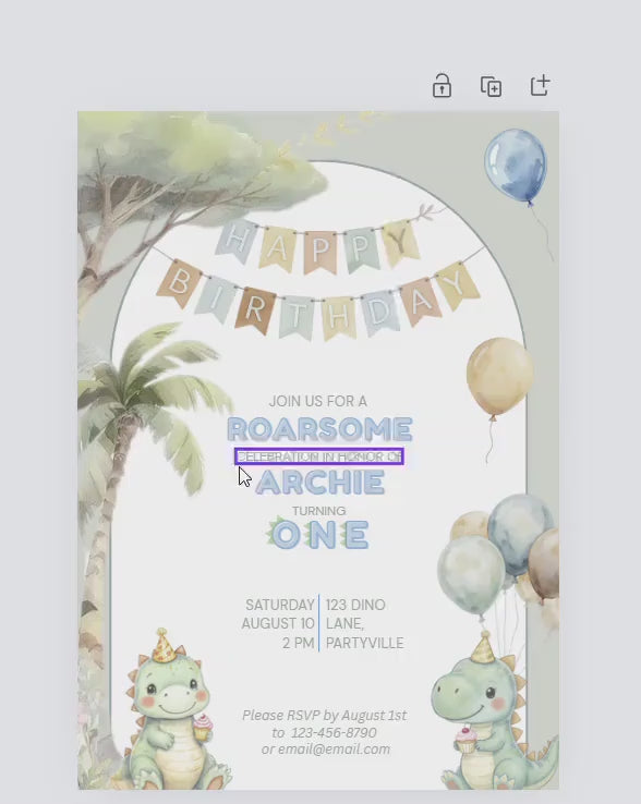 1st Birthday Invitation Customizable Dinosaur Editable Template Cute Watercolor Dino Party Invite for Boys or Girls Themed Birthday Canva