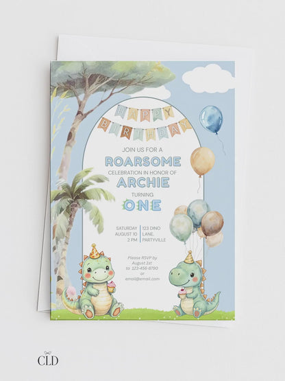 1st Birthday Dinosaur Invitation- Dino Themed (Editable Canva Template Instant Download) -Kids Birthday Party