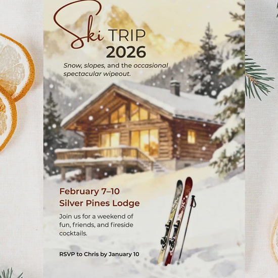 Ski Trip Invitation - Printable Winter Getaway Invite - Cozy Cabin Lodge Weekend Party Evite (Instant Download Editable Canva Template)