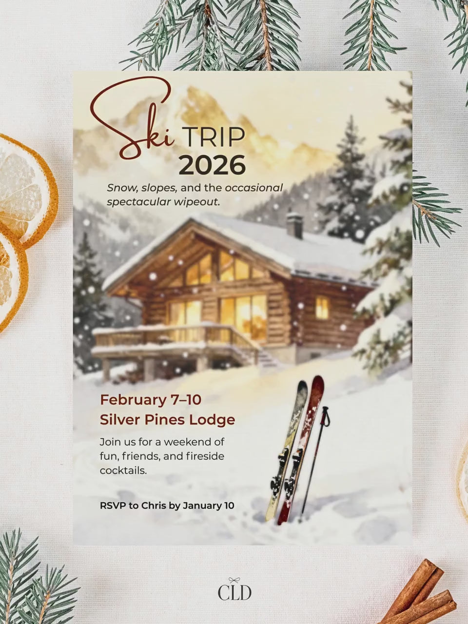 Ski Trip Invitation - Printable Winter Getaway Invite - Cozy Cabin Lodge Weekend Party Evite (Instant Download Editable Canva Template)